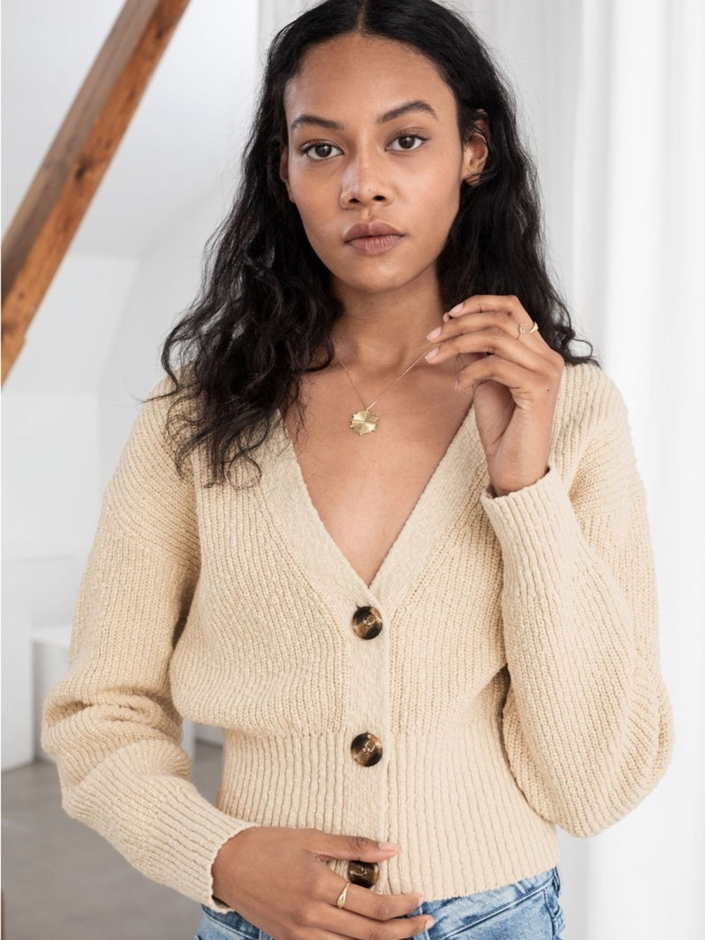 & Other Stories Beige V-Neck Button Front Knit Cardigan (S)